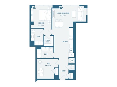 A floor plan of a house with a living room, dining room, kitchen, and bathrooms.